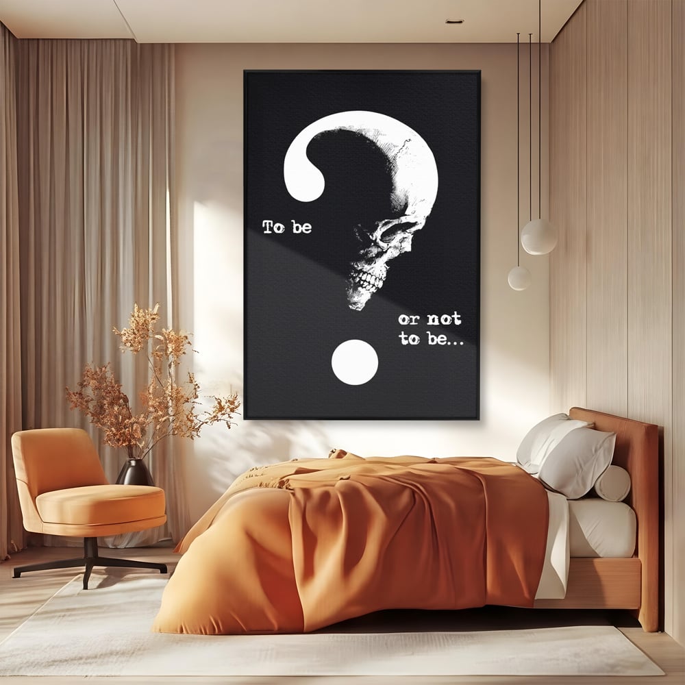 Tablou canvas cu tablou canvas cu craniu si semnul intrebarii, in rama de aluminiu negru, pe perete intr-un dormitor